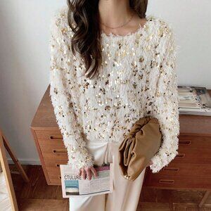 Apricot Casual Women's Fluffy Sequin Crew Neck Sweater